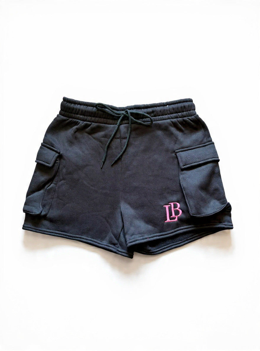 LB Signature Cargo Lounge Shorts - Midnight Black | Pink Embroidery