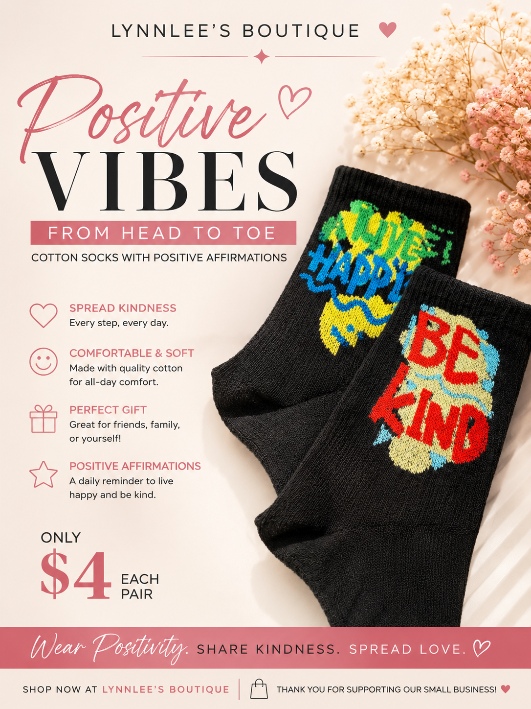 Positive Vibes Affirmation Socks – Inspirational Cotton Crew Socks