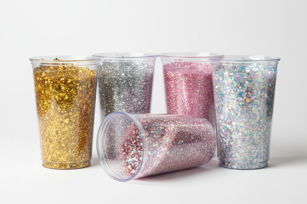 Generate a image with clear plastic tumbler cups with glitter in them on a studio background 